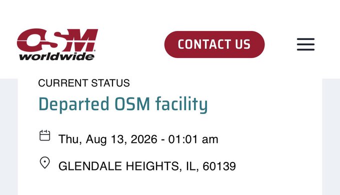 A tracking webpage from OSM Worldwide showing the status 'Departed OSM facility' on Thu, Aug 13, 2026 - 01:01 am in Glendale Heights, IL, 60139.