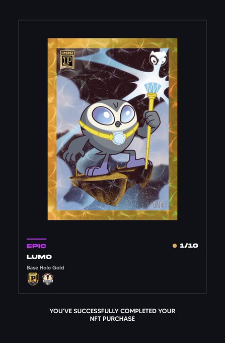 A digital NFT card showing a character named 'LUMO' (Base Holo Gold) holding a staff, with text confirming 'YOU'VE SUCCESSFULLY COMPLETED YOUR NFT PURCHASE' and 'EPIC 1/10'.
