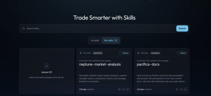 A screenshot of a trading interface titled 'Trade Smarter with Skills' showing skills like 'neptune-market-analysis' and 'pacifica-docs' with download and add options.