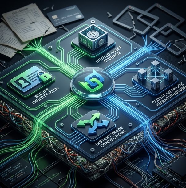A futuristic digital illustration depicts a circuit board with labeled nodes including 'SECURE PATH IDENTITY', 'UNIFIED ASSET STORAGE', 'GLOBAL NETWORK INFRASTRUCTURE', and 'INSTANT TRADE CONNECTIONS'.
