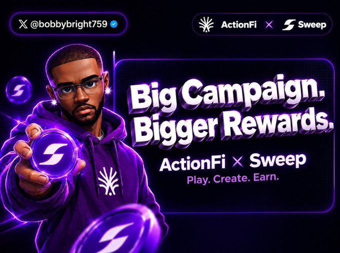 The image is a vibrant purple promotional graphic for "ActionFi x Sweep" featuring a stylized cartoon man in a hoodie holding glowing token coins, with the bold tagline "Big Campaign. Bigger Rewards. ActionFi x Sweep - Play. Create. Earn."—which aligns with the post highlighting the $150,000 prize pool campaign that rewards users for actively using the platform rather than just engaging on social media.