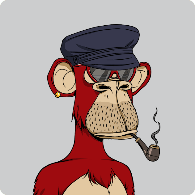 A cartoon Bored Ape-style monkey wearing a black cap and sunglasses, smoking a pipe.