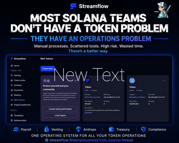 Promotional graphic for Streamflow with the headline 'MOST SOLANA TEAMS DON'T HAVE A TOKEN PROBLEM THEY HAVE AN OPERATIONS PROBLEM' and a screenshot of their token management interface.