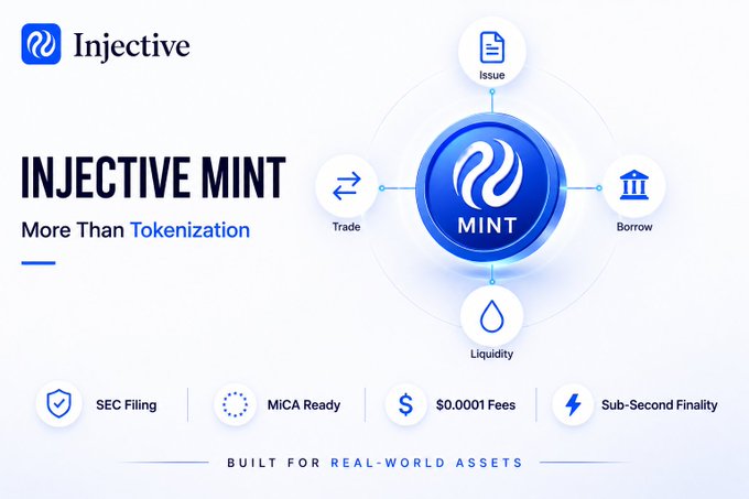 An Injective promotional graphic for "Injective Mint" promoting real-world asset tokenization beyond simple minting, featuring a central hub diagram showing four functions: Issue, Borrow, Liquidity, and Trade, along with key features including SEC Filing, MiCA Ready, $0.0001 Fees, and Sub-Second Finality. The image visually reinforces the post's argument that tokenization is just the beginning, showcasing Injective Mint's full ecosystem of post-minting utilities.