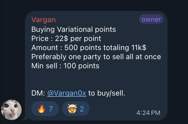 A Discord message from user 'Vargan' offering to buy 500 Variational points at $22 per point (totaling $11k), with a minimum sell of 100 points, contact @Vargan0x.