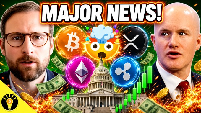The image is a YouTube thumbnail featuring two men (likely crypto commentators) flanking a central graphic that displays cryptocurrency logos including Bitcoin (BTC), XRP, Ethereum (ETH), and Ripple's RLUSD stablecoin, set against an explosion-themed background with the U.S. Capitol building and stock chart visuals. The bold "MAJOR NEWS!" text at the top reinforces the thumbnail's promotional connection to the post's announcement about Clarity Act updates and Ripple/XRP developments.