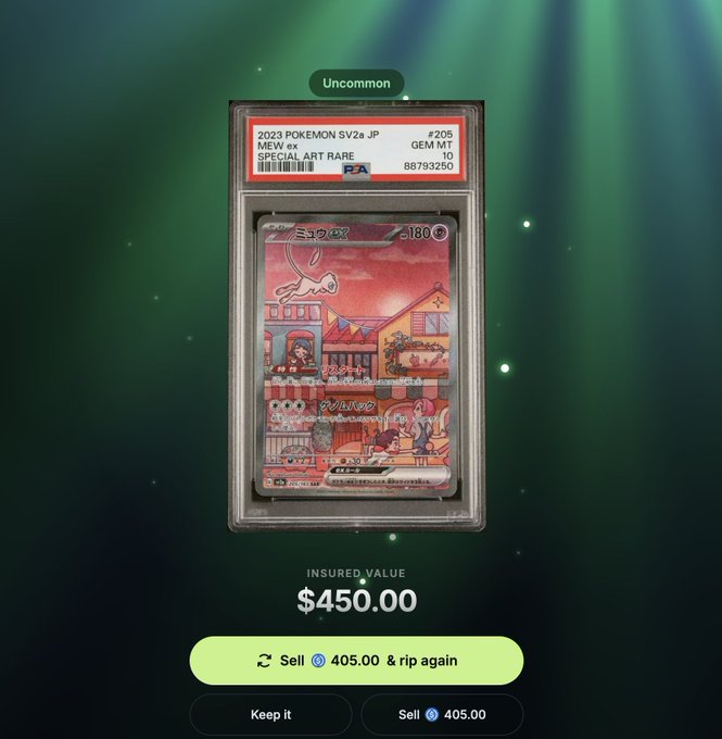 A PSA-graded 2023 Japanese Mew ex Special Art Rare Pokémon card (#395, Gem Mint 10) displayed with an insured value of $450.00 and options to sell for 405.00 or keep.
