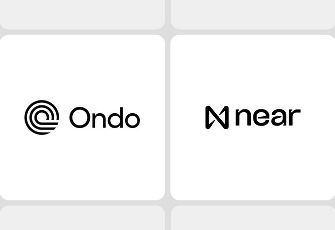 A simple graphic displaying two cryptocurrency project logos side by side: Ondo (with its circular swirl logo) on the left and NEAR (with its stylized N logo) on the right, presented in a clean white card layout.