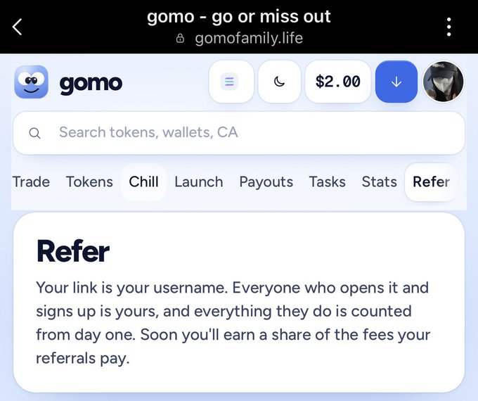 A screenshot of the 'gomo - go or miss out' website at gomofamily.life, showing the Refer page with text explaining the referral program.