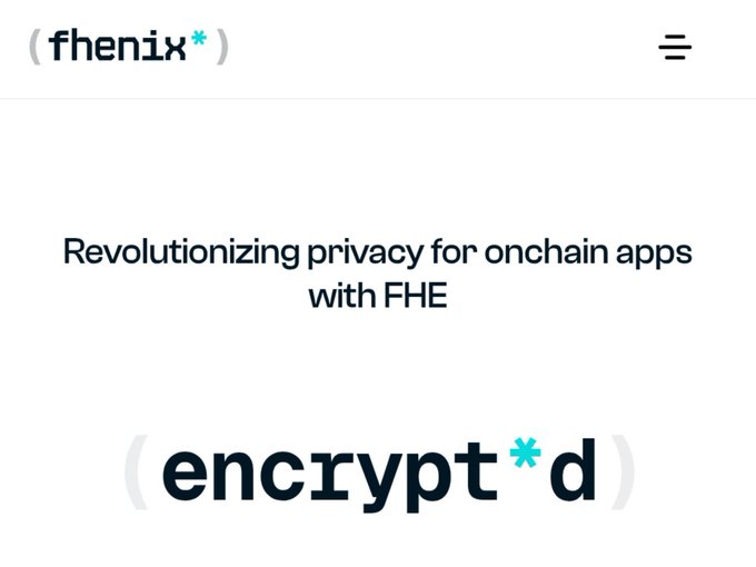 Fhenix website landing page with the text 'Revolutionizing privacy for onchain apps with FHE' and a stylized '(encrypt*d)' graphic.