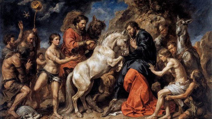 A classical Baroque-style oil painting depicting a religious scene with multiple figures, a rearing white horse, and onlookers with an ox in the background, rendered in dramatic chiaroscuro lighting.