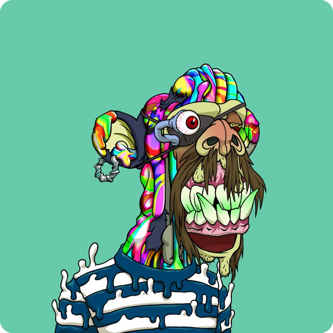 A cartoon illustration of a dog-like character with rainbow-colored hair, a large mustache, bulging red eye, and a wide toothy grin, wearing a blue and white striped shirt against a teal background.