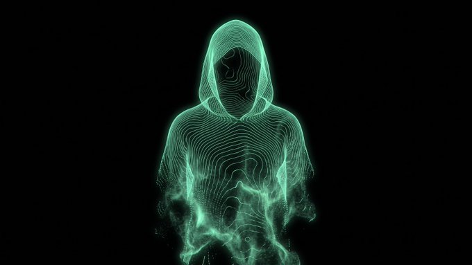 A glowing green, contour-line silhouette of a hooded figure dissolving into digital particles symbolizes the anonymous, hidden nature of Ghost mode. The ethereal, faceless form visually reinforces the post's explanation of how users can transact without revealing their identity through zero-knowledge proofs.