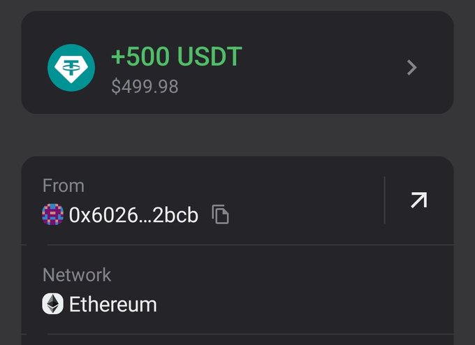 A cryptocurrency transaction notification showing a deposit of +500 USDT (~$499.98) from wallet address 0x6026...2bcb via the Ethereum network.