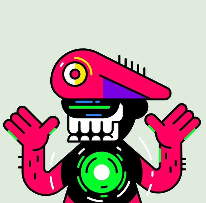 A colorful cartoon illustration of a pink and black robot-like character with one large eye, raised hands, and a green circular emblem on its chest.