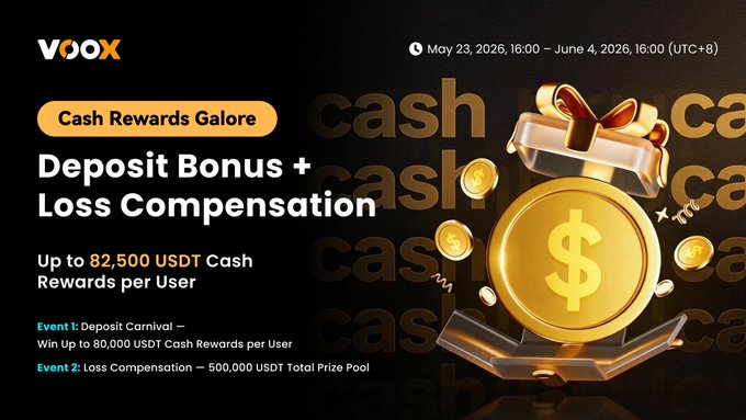 A black background with gold text and a gold coin, promoting VooX Cash Rewards Galore's Deposit Bonus & Loss Compensation event on May 21st, 2018 at 18:00-18:30.