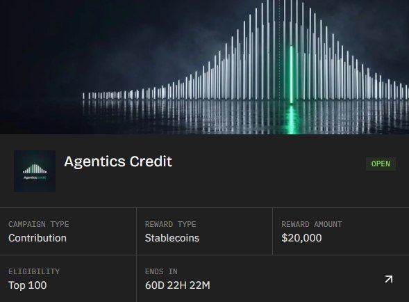 A dashboard interface for a campaign titled 'Agentics Credit' displays details such as 'CAMPAIGN TYPE: Contribution', 'REWARD TYPE: Stablecoins', 'REWARD AMOUNT: $20,000', and 'ELIGIBILITY: Top 100', alongside a 3D audio waveform graphic.