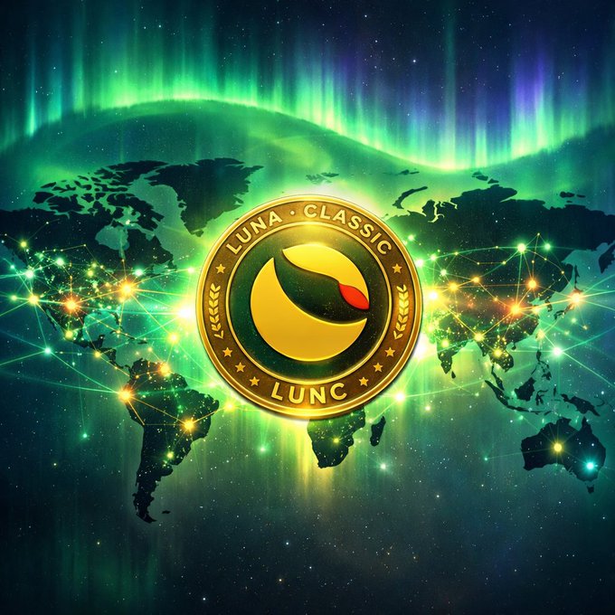 A glowing gold coin bearing the "LUNA CLASSIC" and "LUNC" text sits at the center of a world map illuminated by green auroras and bright network nodes, symbolizing the cryptocurrency's global reach and community-driven momentum highlighted in the post about its active community, burn initiative, and exchange support.