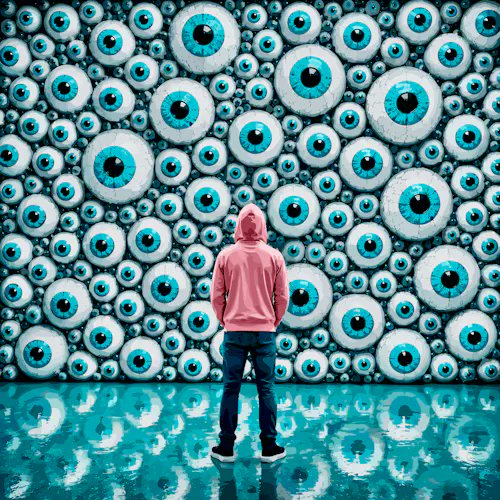 A person wearing a pink hoodie stands facing a wall covered entirely in rows of large, staring eyeballs, with their reflection visible on the shiny floor.