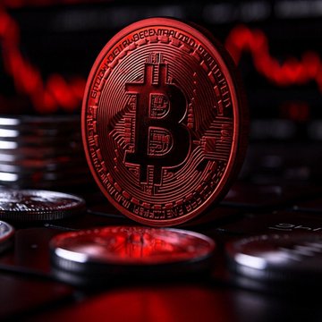 Stylized red-tinted Bitcoin coin standing upright on a stack of coins with blurred red market chart lines in the background.