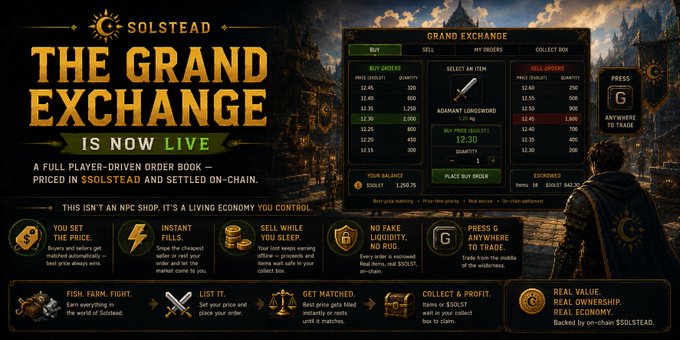 The image shows a poster or flyer for a gaming service called "The Grand Exchange". It features several gold coins displayed against a blue background with a mountain range backdrop, representing an online marketplace where players can buy and sell items. The main text on the poster mentions that the game is now active, and it highlights various gameplay elements such as real-time item pickups, on-chain pricing, and matchmaking abilities for new players.