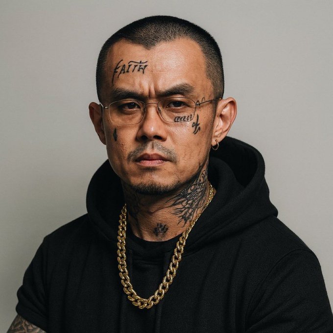 A portrait of a man with a buzz cut, facial tattoos reading "FAITH" and "cruel," wearing glasses, a black hoodie, and a thick gold chain.