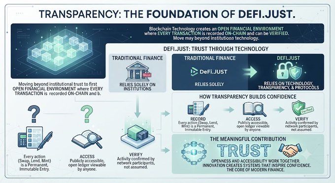 An infographic titled 'TRANSPARENCY: THE FOUNDATION OF DEFI.JUST' explaining how blockchain technology builds trust by moving beyond institutional reliance, with sections on transparency and meaningful contribution.