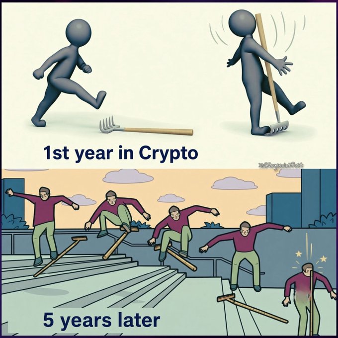A meme comparing "1st year in Crypto" (showing 3D figures accidentally stepping on rakes) to "5 years later" (showing skateboarders skillfully grinding down handrails).