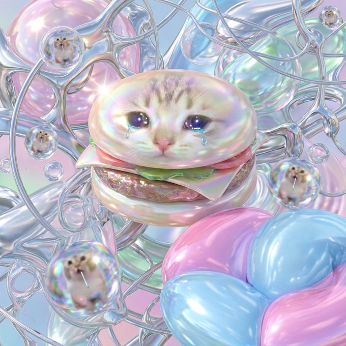 A surreal, iridescent digital artwork features a teary-eyed kitten face on a macaron sandwich surrounded by floating bubbles, each containing tiny cat faces, with pastel pink and blue bubble-like forms below. The whimsical, glitchy aesthetic echoes the brief "gM" caption, evoking an absurd, internet-cute internet meme vibe.