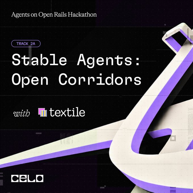 A promotional graphic for the 'Agents on Open Rails Hackathon' titled 'Stable Agents: Open Corridors' with 'TRACK 2A' and the CELO logo, featuring a stylized purple chain link.