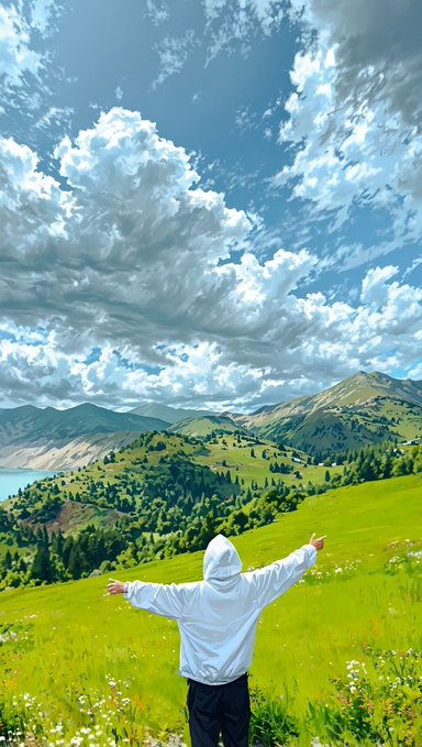 Anime-style illustration of a person wearing a white hoodie with arms outstretched, standing in a lush green meadow overlooking mountains and a lake under a dramatic cloudy sky.