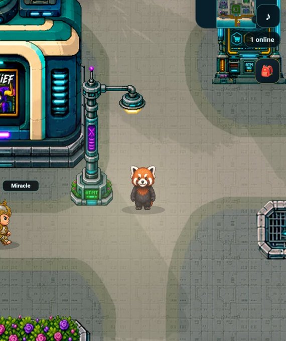 A pixel-art video game scene featuring a small red panda character standing near a glowing futuristic street lamp on a metallic city street.