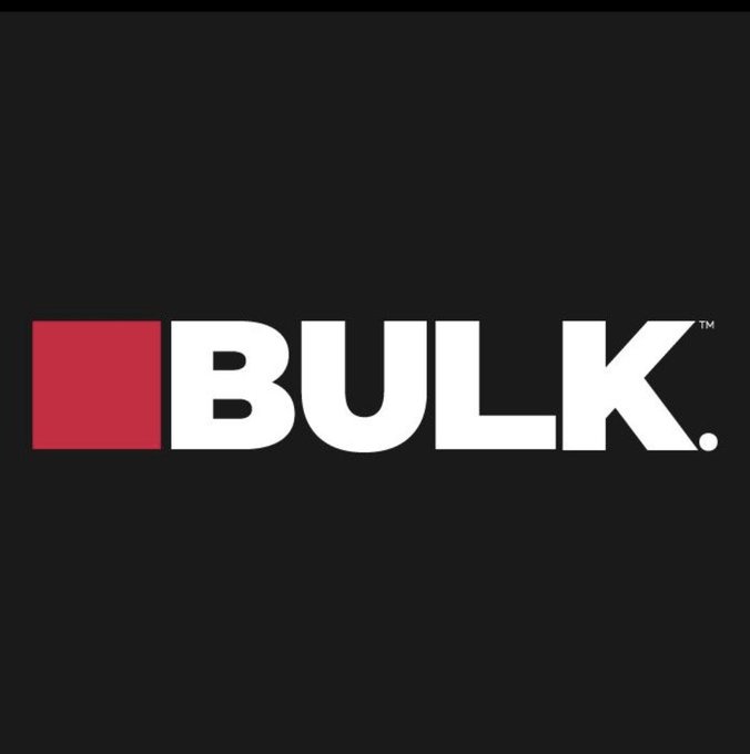 The 'BULK.' logo displayed in bold white letters with a red square accent on a solid black background.