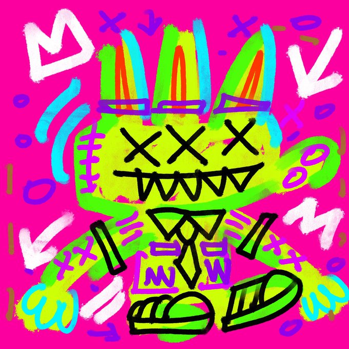 A vibrant digital doodle featuring a neon green character with X eyes and sharp teeth, wearing a crown with flame-like spikes, set against a hot pink background with scattered shapes and letters.