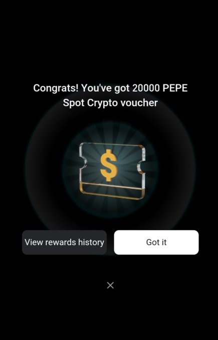 A confirmation screen displaying "Congrats! You've got 20000 PEPE Spot Crypto voucher" with a glowing golden ticket icon, matching the user's claim of receiving a 20,000 PEPE reward from their first KCGI 2026 Golden Chest. The interface includes "View rewards history" and "Got it" buttons to proceed.