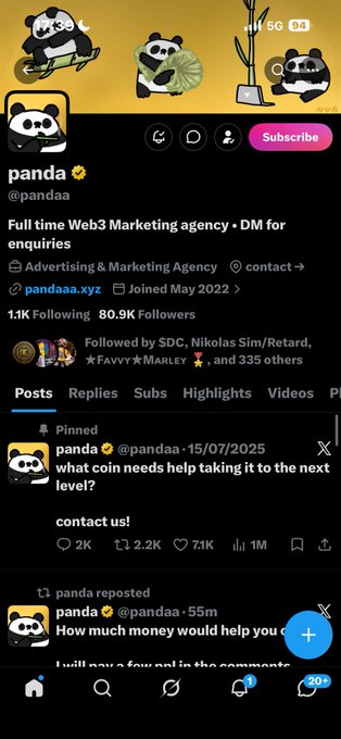 A mobile screenshot of an X (Twitter) profile for 'panda' (@pandAa), a Web3 Marketing agency, displaying 80.9K followers and a pinned post asking 'what coin needs help taking it to the next level?'.