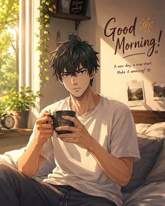 An anime-style illustration of a young man with dark hair holding a coffee mug that reads 'Rise Shine', accompanied by the text 'Good Morning! A new day, a new start. Make it amazing!'.