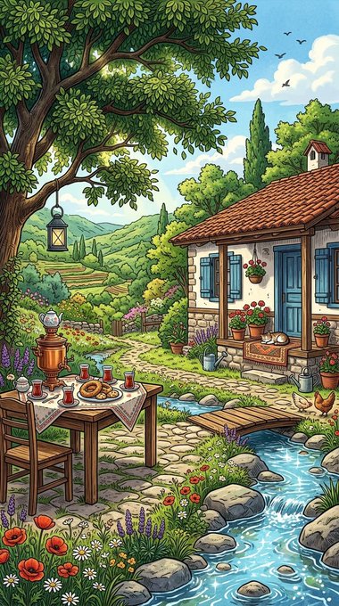 A vibrant illustrated scene of a cozy cottage by a flowing stream, featuring a stone pathway, a wooden table set with tea, a large shade tree, and a cheerful rooster.