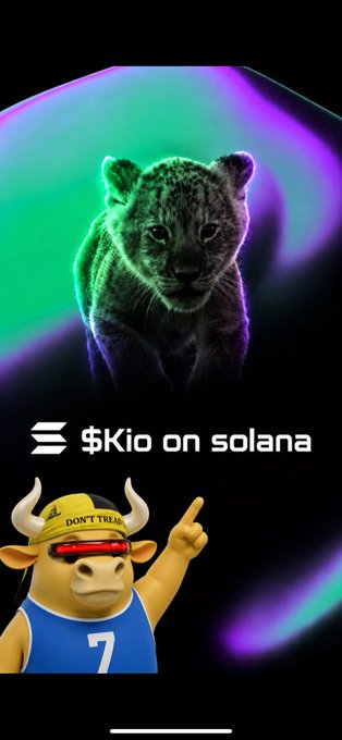 A neon-edged cheetah cub looms above a cartoon bull wearing a "DON'T TREAD" cap, paired with the text "$Kio on solana." The aggressive predator imagery and charging bull underscore the post's call to act fast on the Kio token, reinforcing the urgency of the long-term "conviction play."