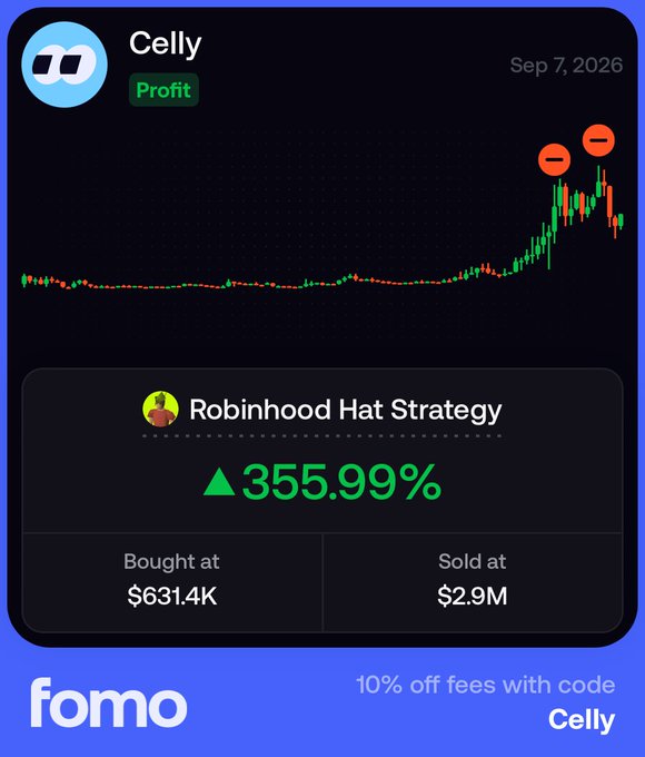 A promotional graphic for the crypto trading platform FOMO showing a profit of 355.99% on the token 'Celly' using the 'Robinhood Hat Strategy', bought at $631.4K and sold at $2.9M, with a discount code 'Celly' for 10% off fees.