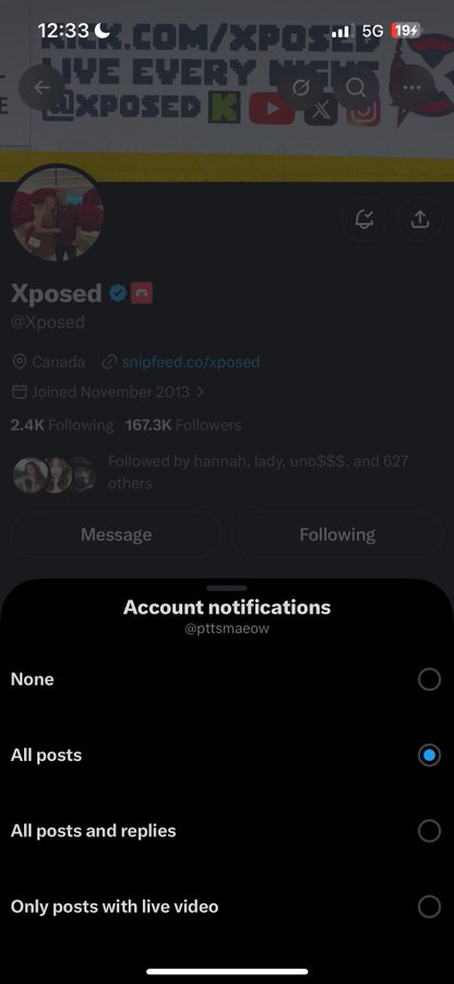 A screenshot of a Twitter/X profile for user 'Xposed' (@xposed) showing 167.3K Followers and an open menu with account notification settings for @pttsmaeow.