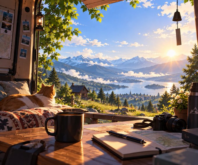 A picturesque scene from inside a cozy cabin or camper showing a cat resting on a cushion, with a table holding a coffee mug, notebook, pen, and camera, overlooking a stunning mountain and lake landscape at sunrise.