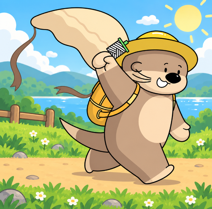 A cartoon illustration of an otter wearing a yellow sun hat and backpack, walking happily along a path while holding up a large beige sack, set against a sunny lakeside landscape.