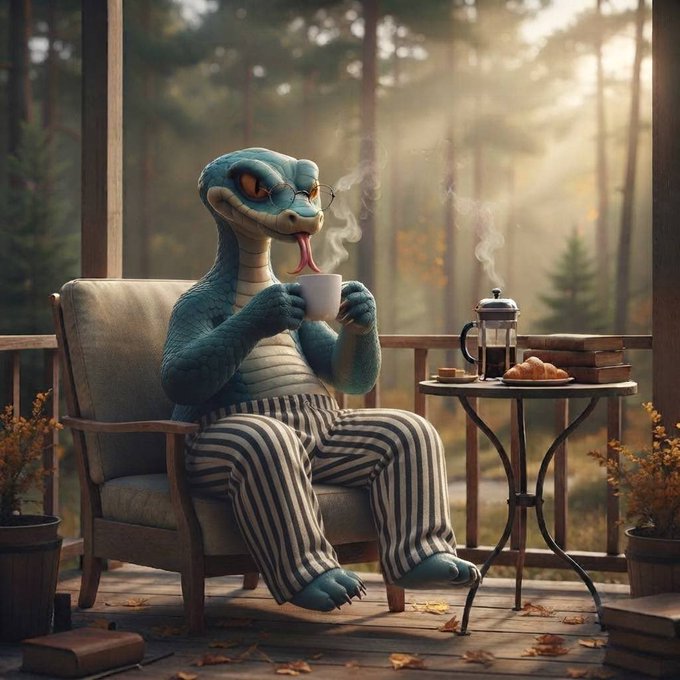 A whimsical illustration of a teal dinosaur wearing glasses and striped pajamas, sitting in an armchair on a porch and sipping from a steaming cup, with a French press and pastries on a side table nearby.
