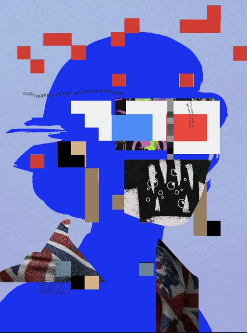 The image features a blue cartoon face with a red mask, giving it a surreal and artistic appearance. The face appears to be wearing glasses that are colored red and white, adding to its unique character. The background of the image is a light blue color, which contrasts nicely with the vibrant colors of the face. The caption below the image reads "JUST VIBES! BLUE PHANTOM just SOLD for 0.4269 ETH on the secondary market!".