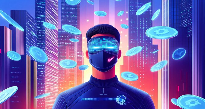 A futuristic digital illustration of a person wearing a high-tech glowing blue visor and face mask, surrounded by floating cryptocurrency coins against a neon cyberpunk cityscape.