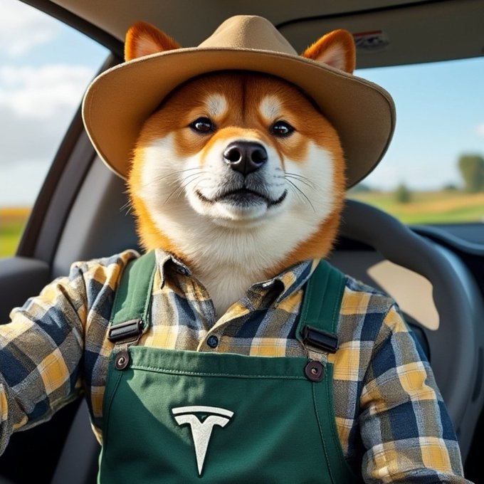A Shiba Inu dog wearing a cowboy hat and green overalls with a Tesla "T" logo sits in the driver's seat of a car, embodying the playful "DOGE ftw" meme by combining the Dogecoin mascot with Tesla branding.