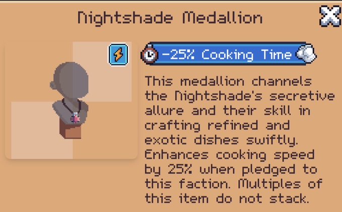 In this digital artwork, there are multiple objects within a screen which include an image of a nightshade medallion, a clock showing 25% cooking time, and an orange. The title "Nightshade Medallion" suggests that this may be an item related to Nightshade Medallions or something else entirely. The presence of the clock with 25% cooking time indicates that we might need to cook the nightshade medallion for some time before it is ready. Lastly, the orange in the image could be a visual representation of the Nightshade Medallion item itself or perhaps another object within the artwork.