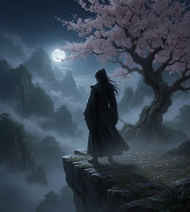 The image features a man standing at the edge of a cliff overlooking a valley below, wearing traditional Chinese clothing. The scene includes a full moon illuminating the night sky, adding an ethereal quality to the atmosphere. The man appears to be looking out over the landscape or possibly contemplating something in his thoughts.