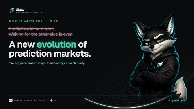 A promotional banner for "Skew" featuring a stylized fox mascot in a hoodie, with text reading "A new evolution of prediction markets" and "COMING TO MAINNET SOON · ON SUI," noting it is "Powered by DeepBook Predict."